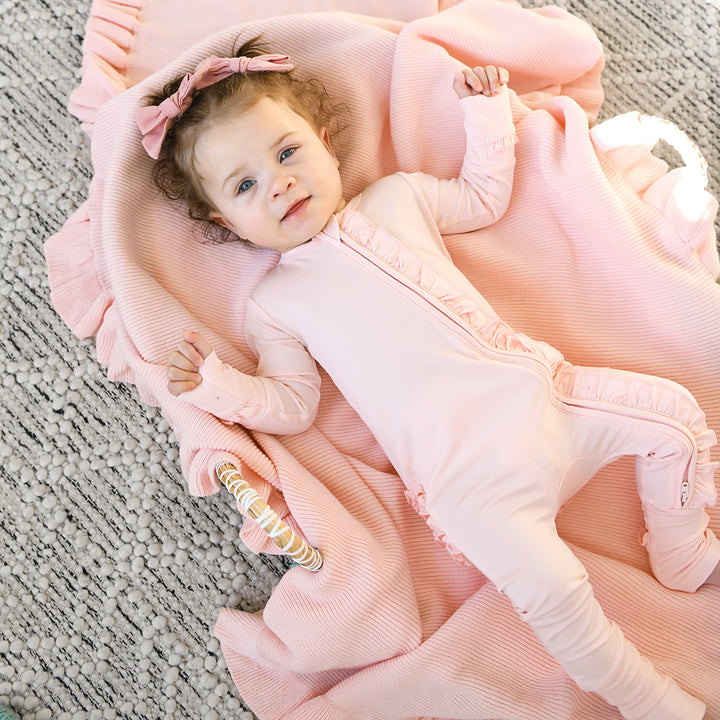Light Pink KNIT RUFFLE BLANKET - Gigi and Max
