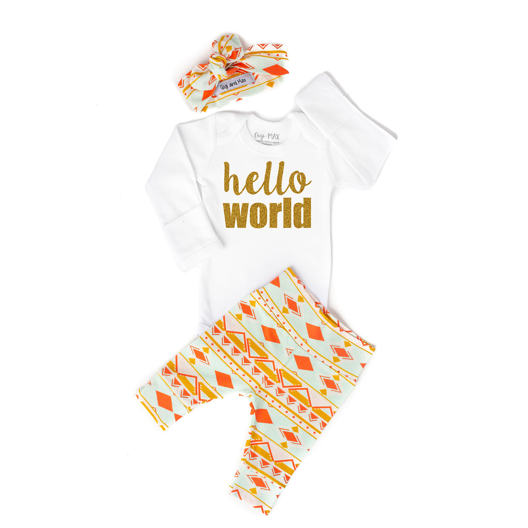 Peach and Mint Aztec Hello World Newborn Outfit - Gigi and Max